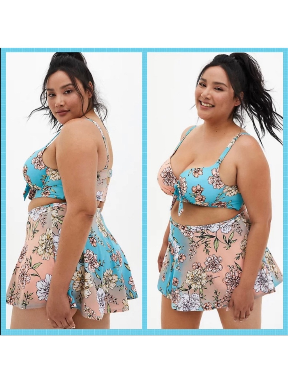 Torrid peach blue floral bikini swimsuit swim skirt
